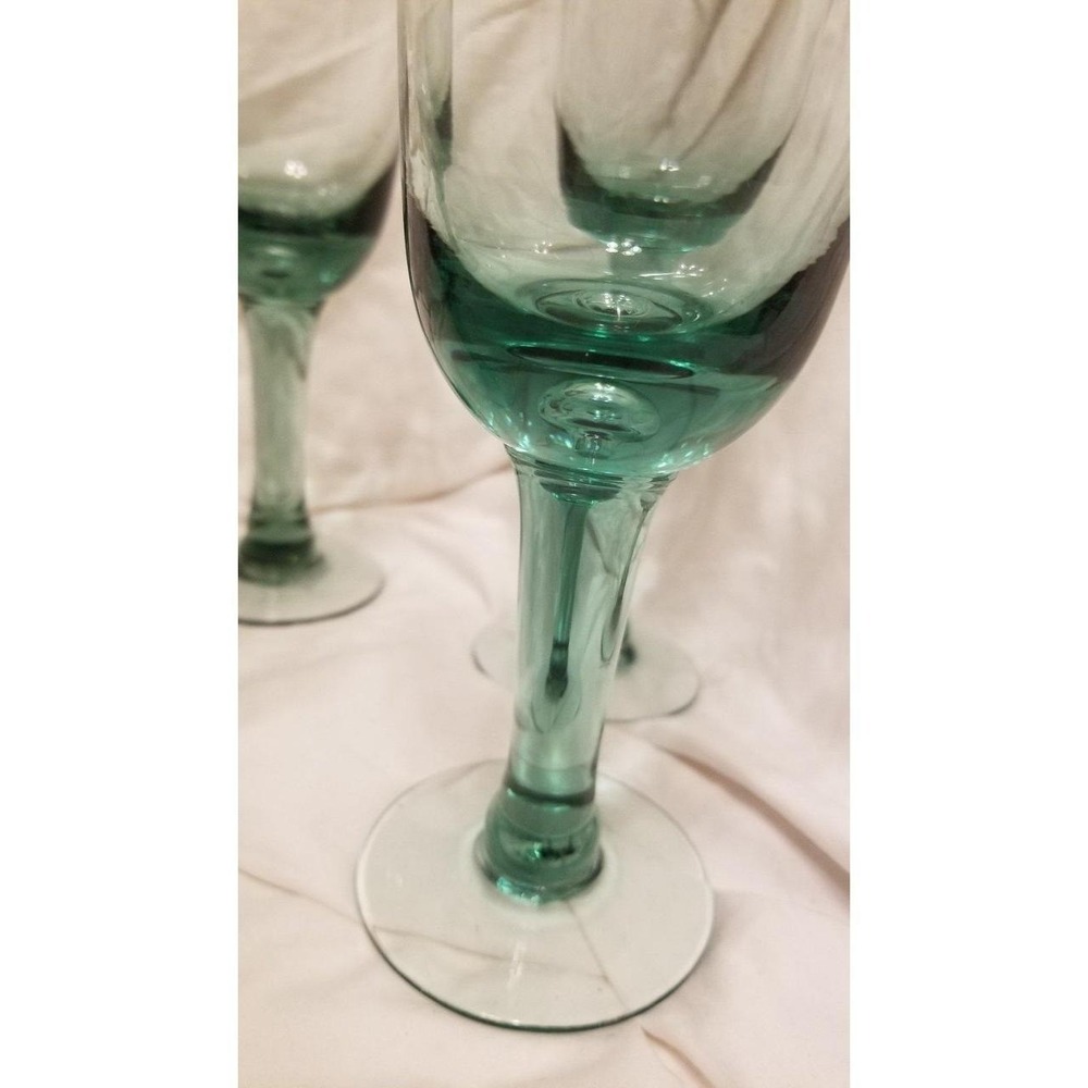 Wine Goblets Teal Green Hand Blown Glass Set of 4 Stemware Coastal Boho